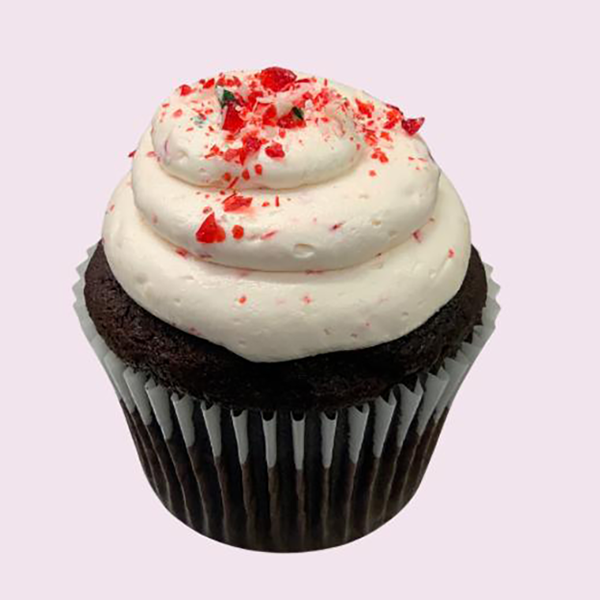Candy Cane Buttercream on a Chocolate Cupcake