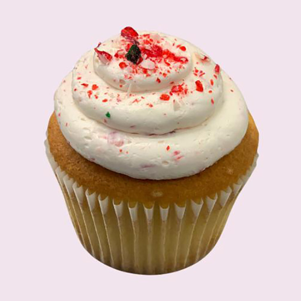 Candy Cane Buttercream on a Vanilla Cupcake
